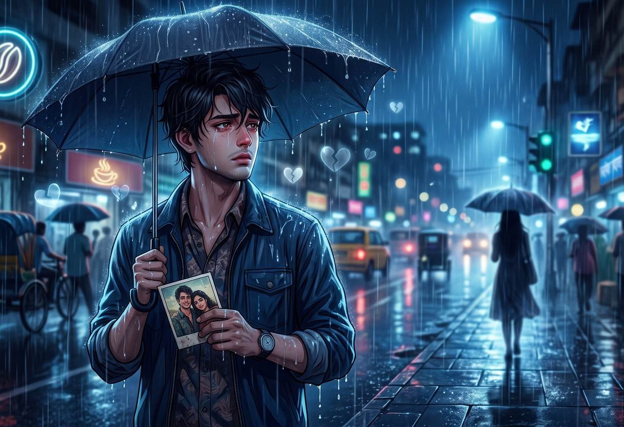 ইমোশনাল কার্টুন পিক ছেলেদের – বৃষ্টিতে ছবি হাতে দাঁড়িয়ে থাকা কষ্টের ছেলের ছবি